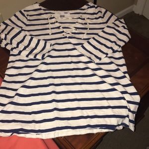 Blue and white striped maternity shirt